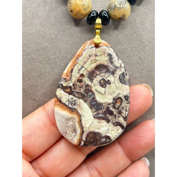 Handcrafted Leopard Jasper Necklace Beaded with Large Drop Shaped Pendant - Picture 4 of 7